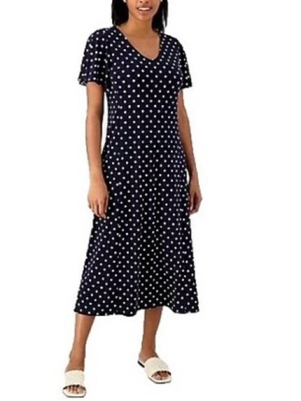Susan Graver Liquid Knit Polka Dot Flutter Sleeve V-Neck Midi Dress - Size L